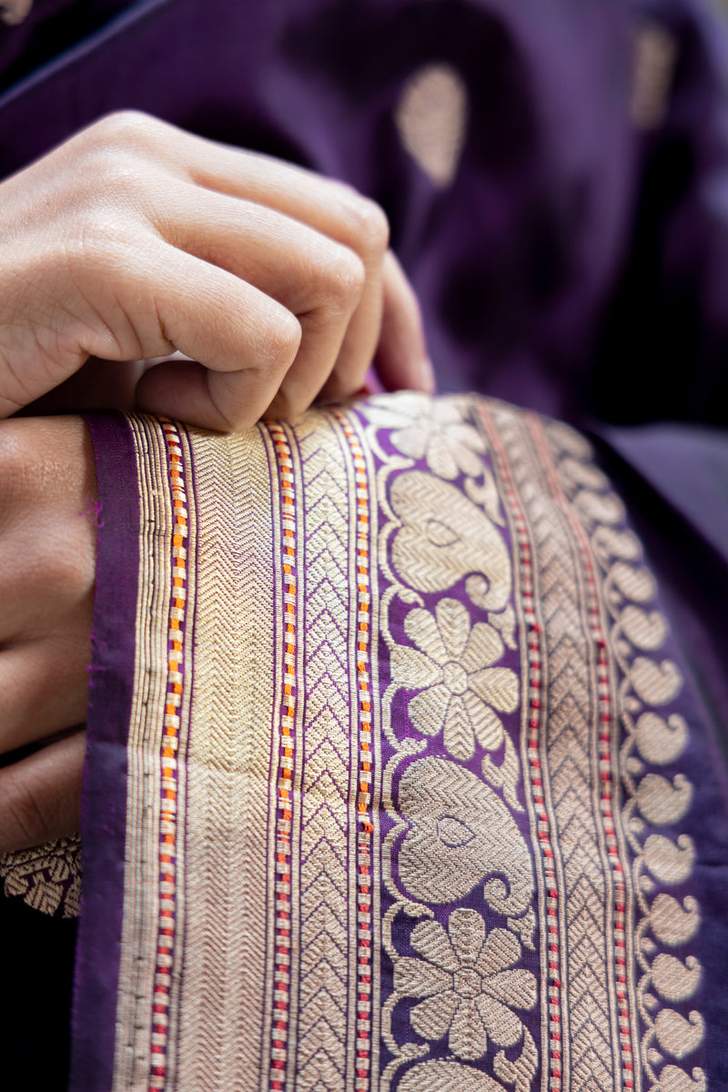 Purple Pure Katan Silk Banarasi Handloom Saree - All over Kadua motifs - The Handlooms