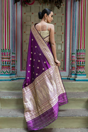 Purple Pure Katan Silk Banarasi Handloom Saree - All over Kadua motifs - The Handlooms