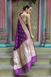 Purple Pure Katan Silk Banarasi Handloom Saree - All over Kadua motifs - The Handlooms