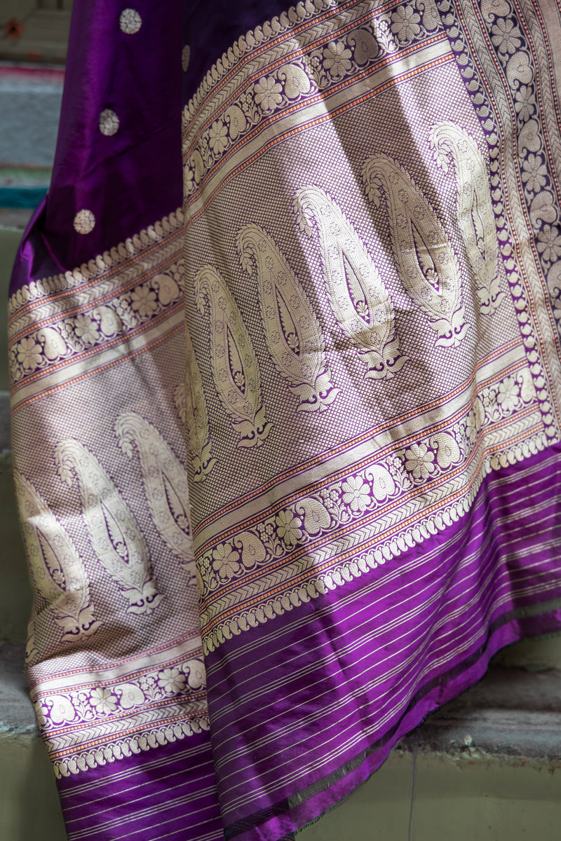 Purple Pure Katan Silk Banarasi Handloom Saree - All over Kadua motifs - The Handlooms