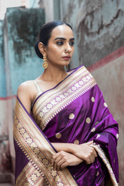 Purple Pure Katan Silk Banarasi Handloom Saree - All over Kadua motifs - The Handlooms