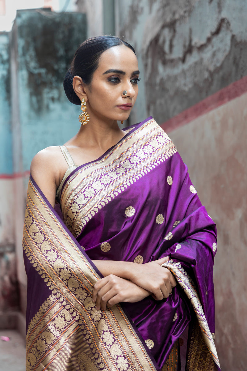 Purple Pure Katan Silk Banarasi Handloom Saree - All over Kadua motifs - The Handlooms