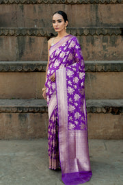 Purple Pure Katan Silk Banarasi Handloom Saree - All over jaal work - The Handlooms