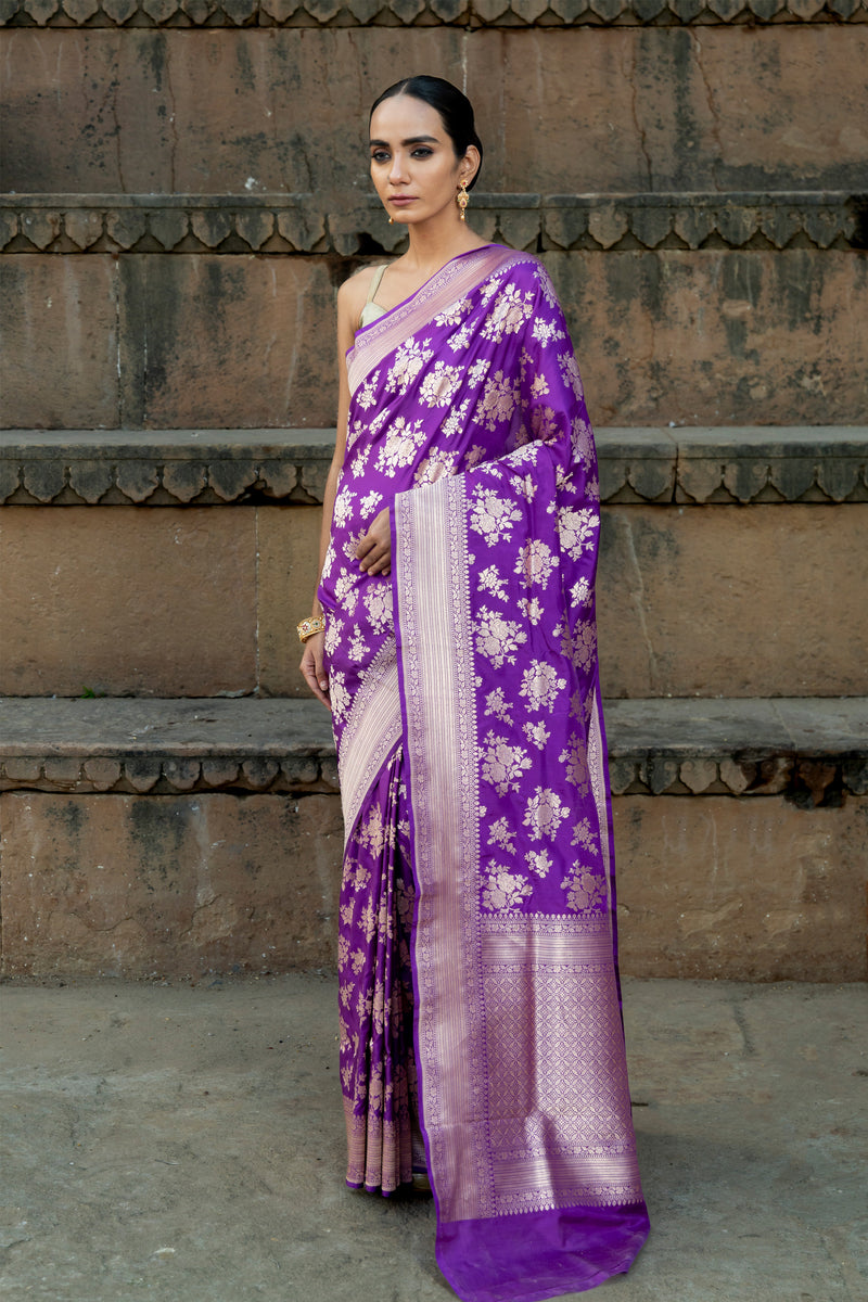 Purple Pure Katan Silk Banarasi Handloom Saree - All over jaal work - The Handlooms
