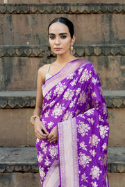 Purple Pure Katan Silk Banarasi Handloom Saree - All over jaal work - The Handlooms