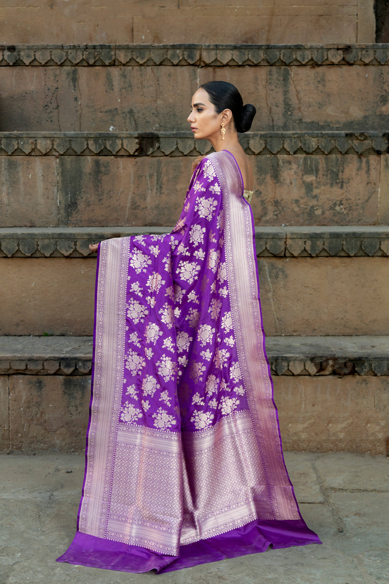 Purple Pure Katan Silk Banarasi Handloom Saree - All over jaal work - The Handlooms