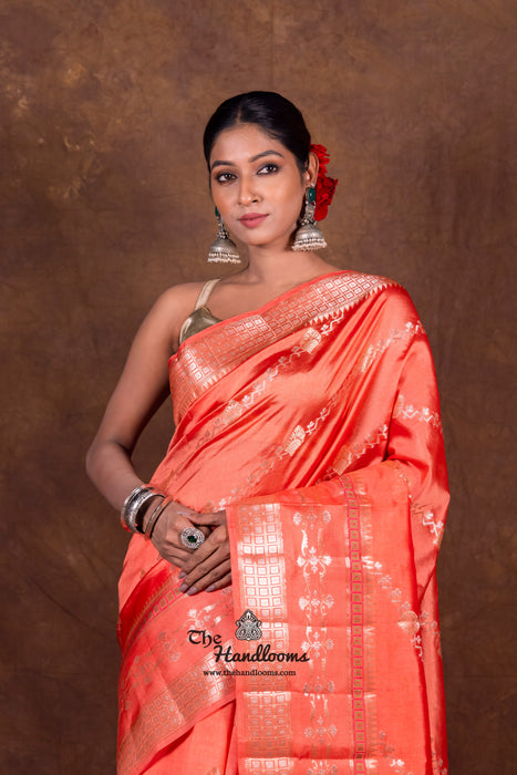 Peach Pure Mango Silk Banarasi Handloom Saree