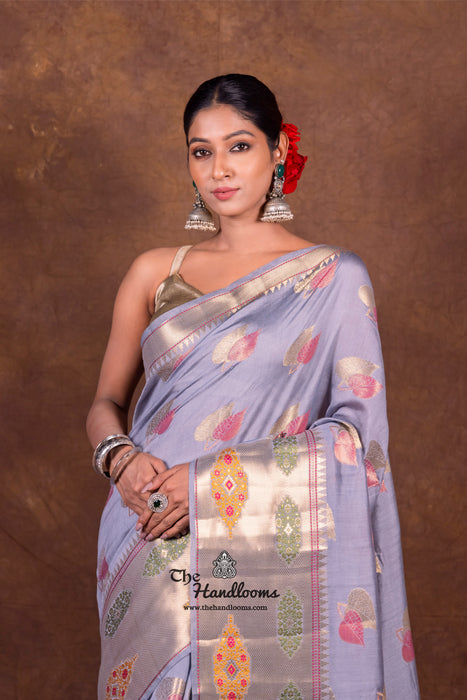 Grey Pure Mango Silk Banarasi Handloom Saree