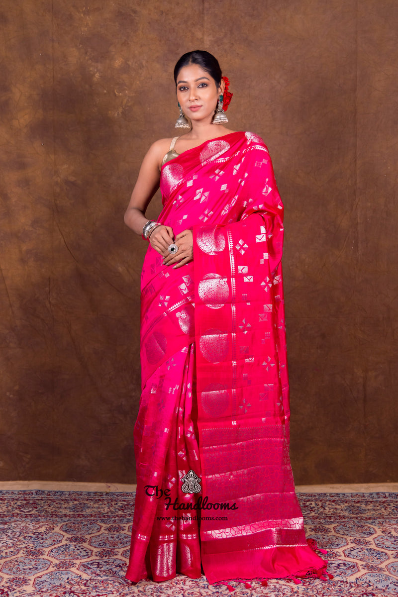 Hot Pink Pure Mango Silk Banarasi Handloom Saree - The Handlooms