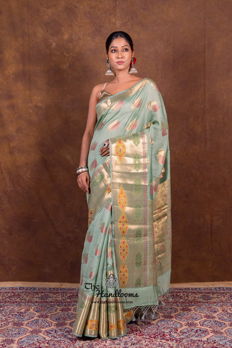 Mint Green Pure Chanderi Handloom Banarasi Saree