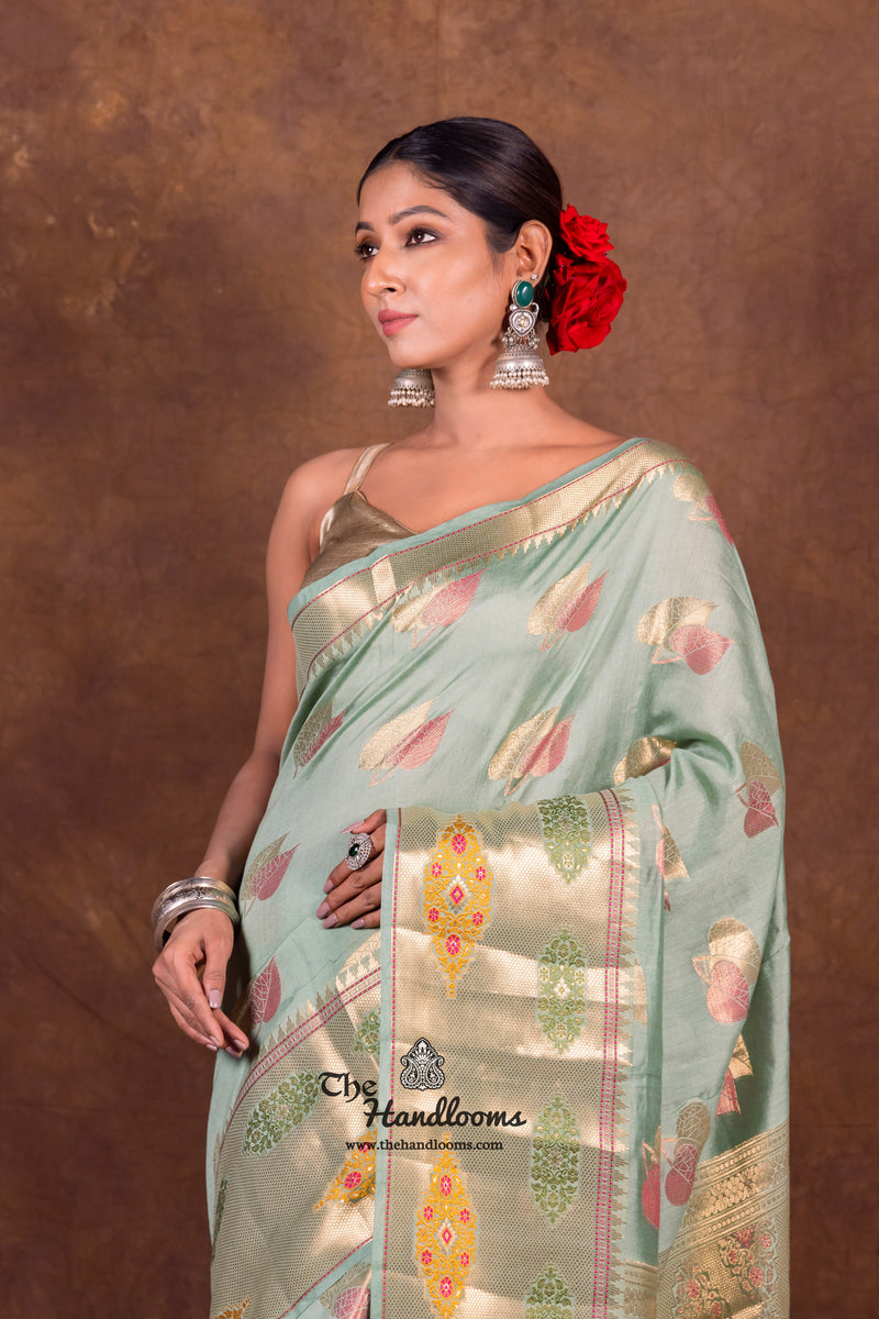 Mint Green Pure Chanderi Handloom Banarasi Saree - The Handlooms
