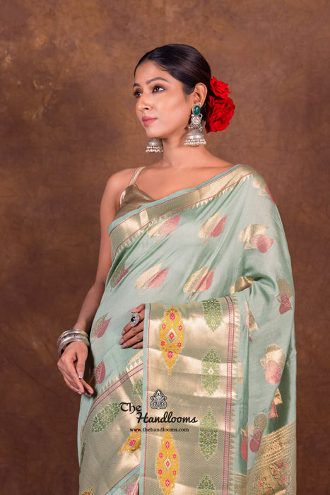 Mint Green Pure Chanderi Handloom Banarasi Saree