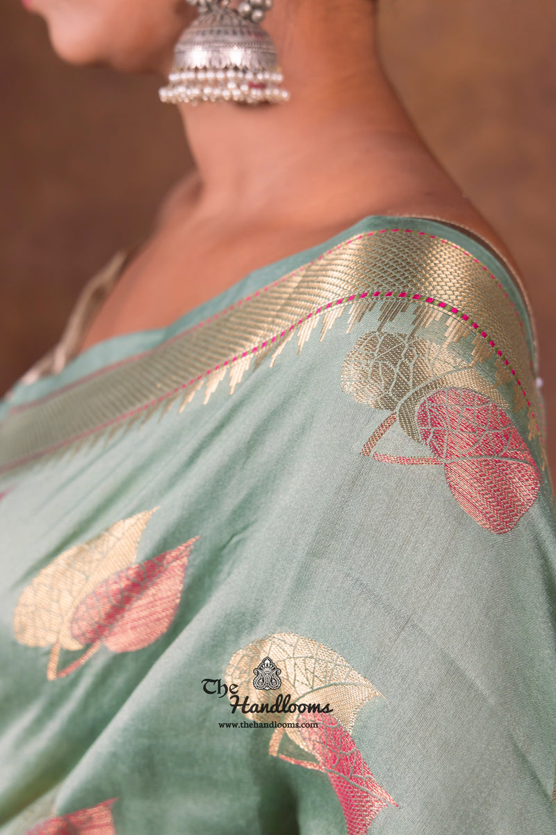 Mint Green Pure Chanderi Handloom Banarasi Saree - The Handlooms