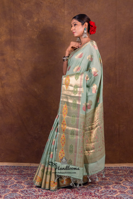 Mint Green Pure Chanderi Handloom Banarasi Saree