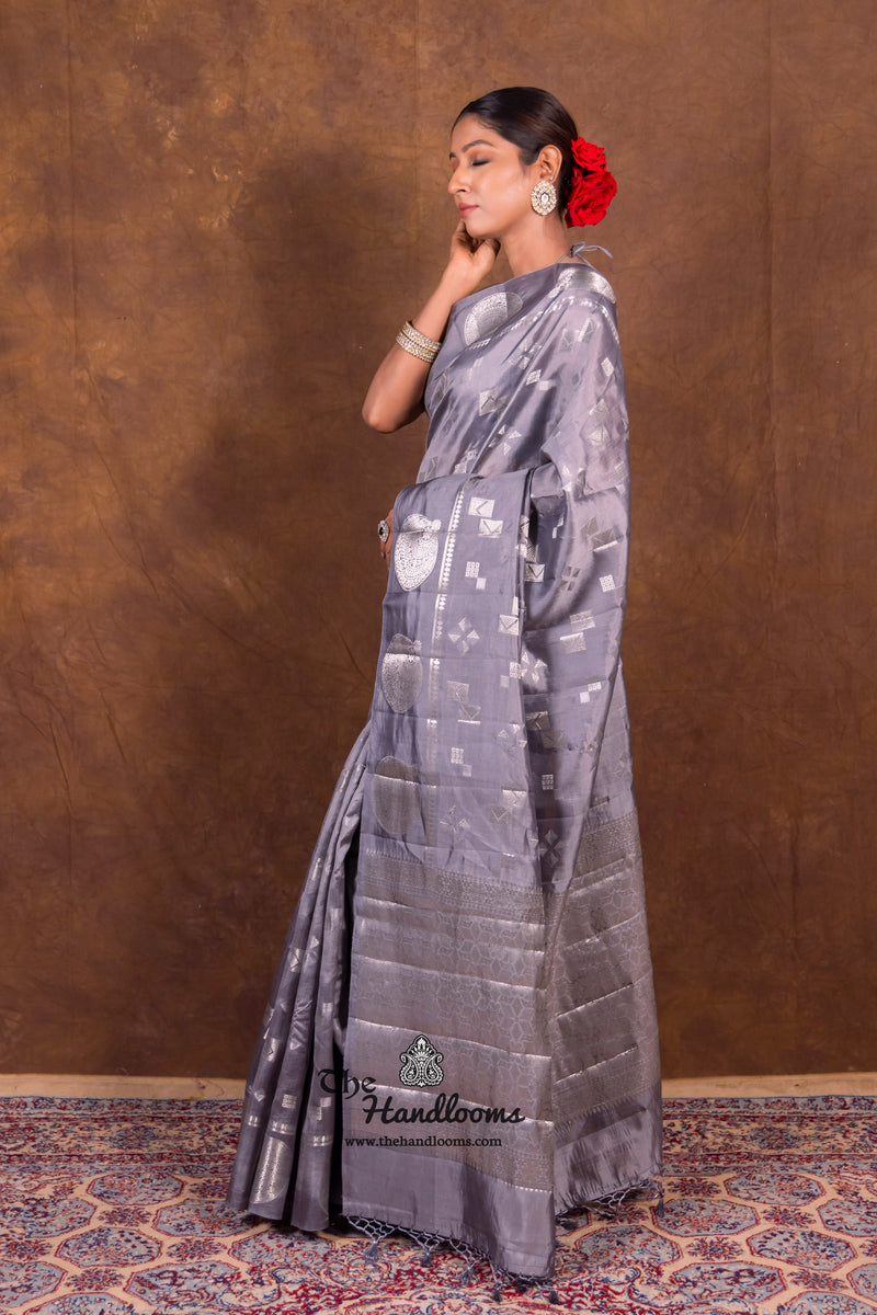 Grey Pure Mango Silk Banarasi Handloom Saree - The Handlooms