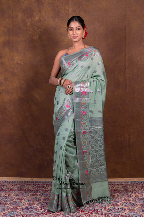 Mint Green Pure Chanderi Handloom Banarasi Saree