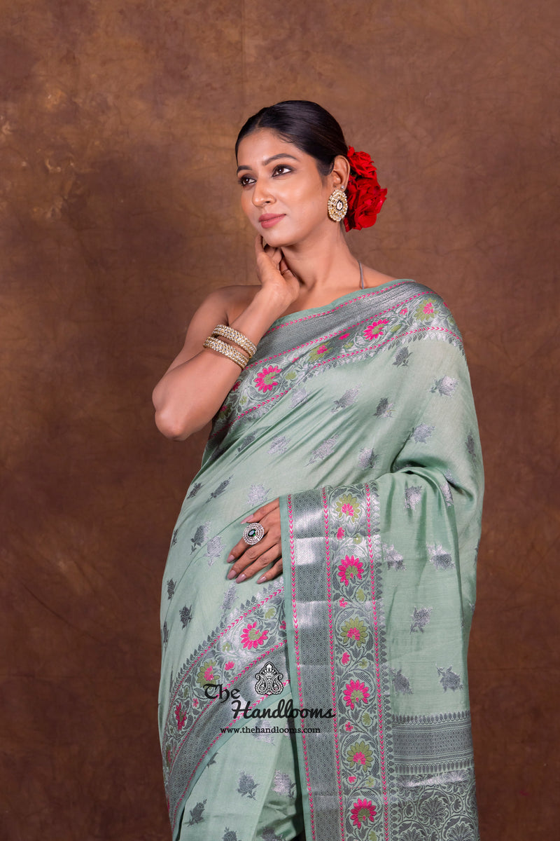 Mint Green Pure Chanderi Handloom Banarasi Saree - The Handlooms