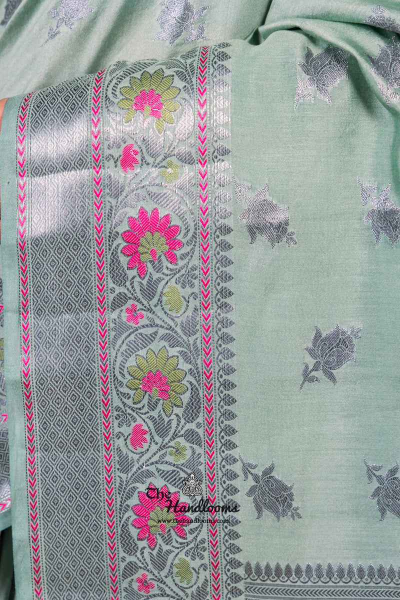 Mint Green Pure Chanderi Handloom Banarasi Saree - The Handlooms