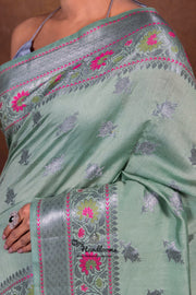 Mint Green Pure Chanderi Handloom Banarasi Saree - The Handlooms