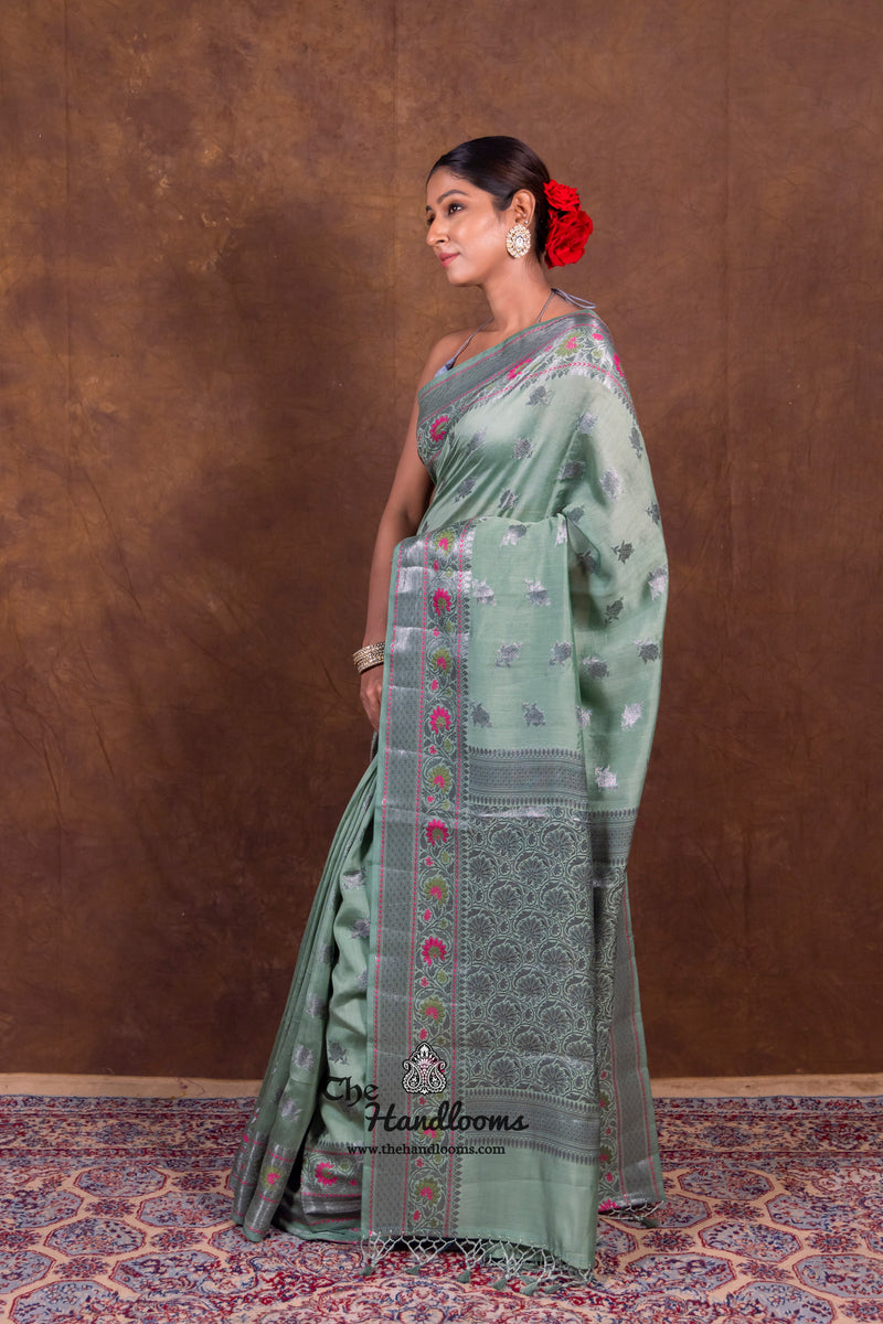 Mint Green Pure Chanderi Handloom Banarasi Saree - The Handlooms