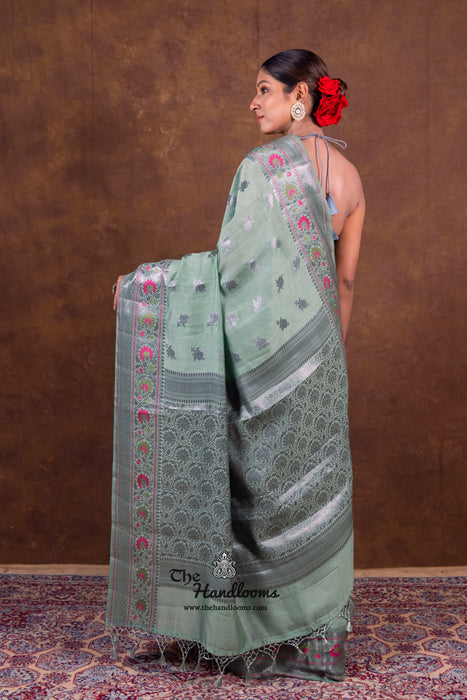 Mint Green Pure Chanderi Handloom Banarasi Saree