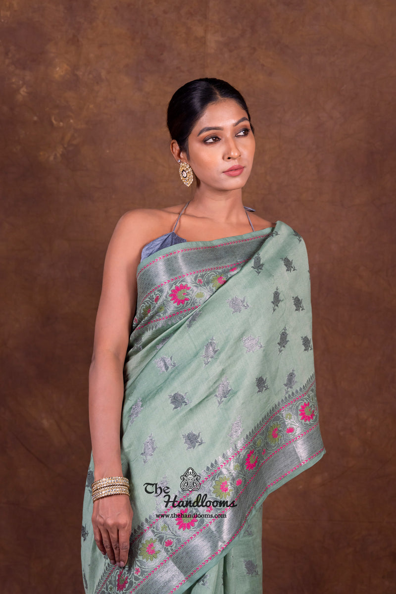 Mint Green Pure Chanderi Handloom Banarasi Saree - The Handlooms