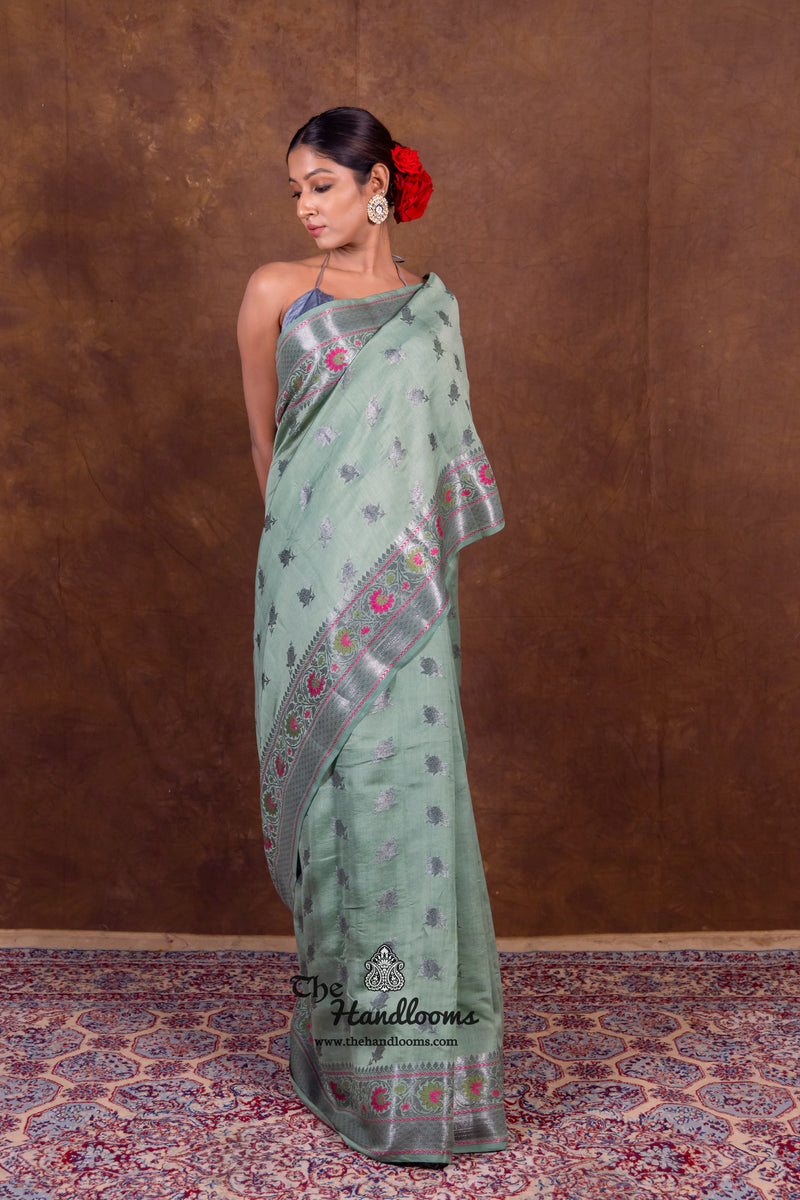 Mint Green Pure Chanderi Handloom Banarasi Saree - The Handlooms