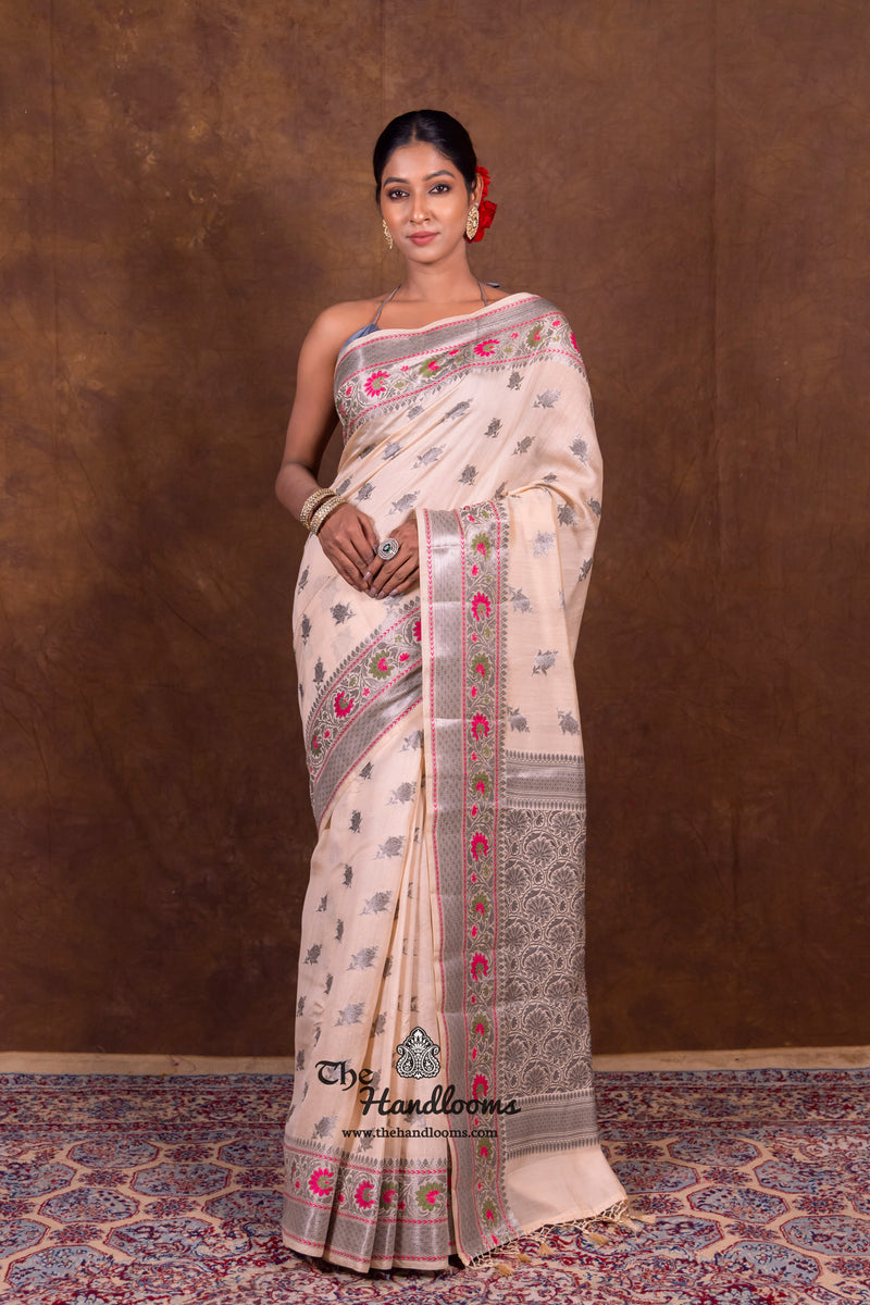 Off-white Pure Chanderi Handloom Banarasi Saree - The Handlooms