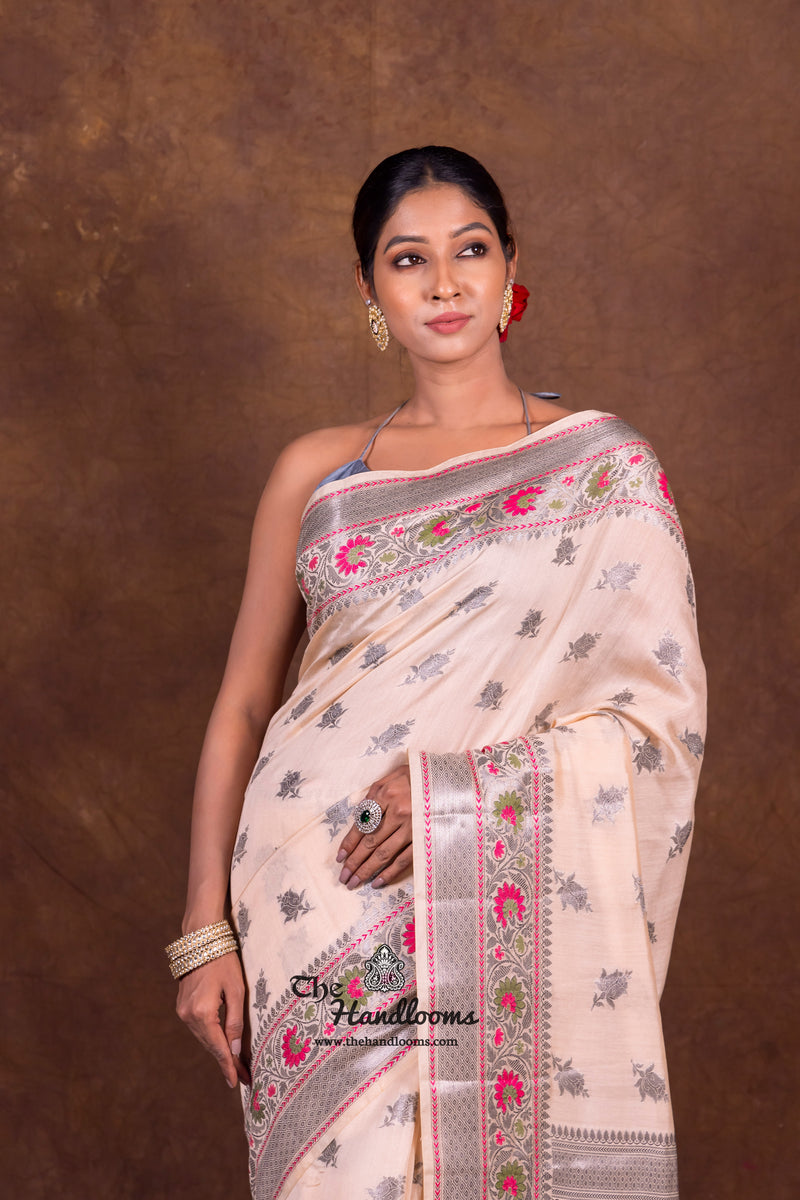 Off-white Pure Chanderi Handloom Banarasi Saree - The Handlooms
