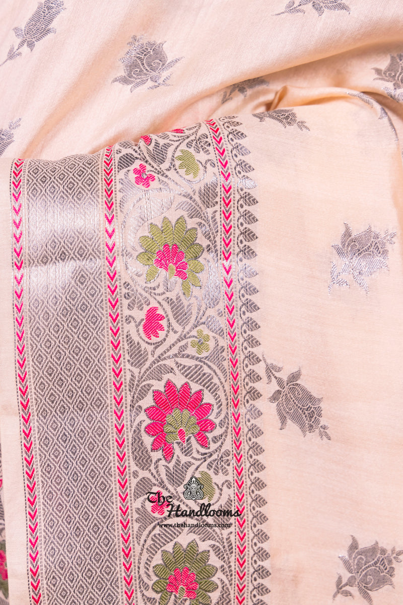 Off-white Pure Chanderi Handloom Banarasi Saree - The Handlooms