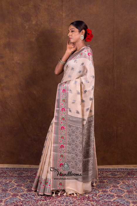 Off-white Pure Chanderi Handloom Banarasi Saree