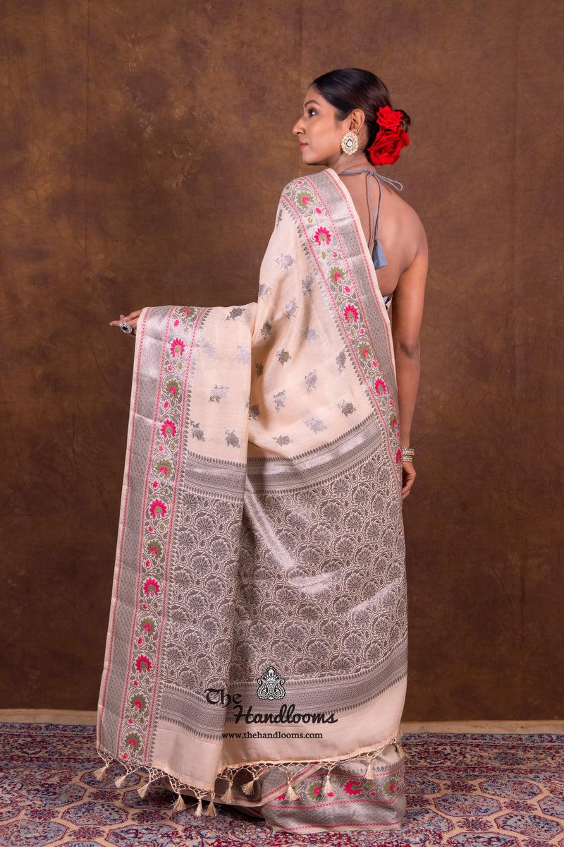 Off-white Pure Chanderi Handloom Banarasi Saree - The Handlooms