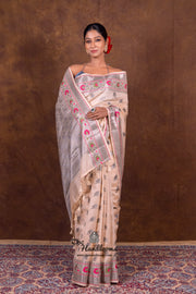 Off-white Pure Chanderi Handloom Banarasi Saree - The Handlooms