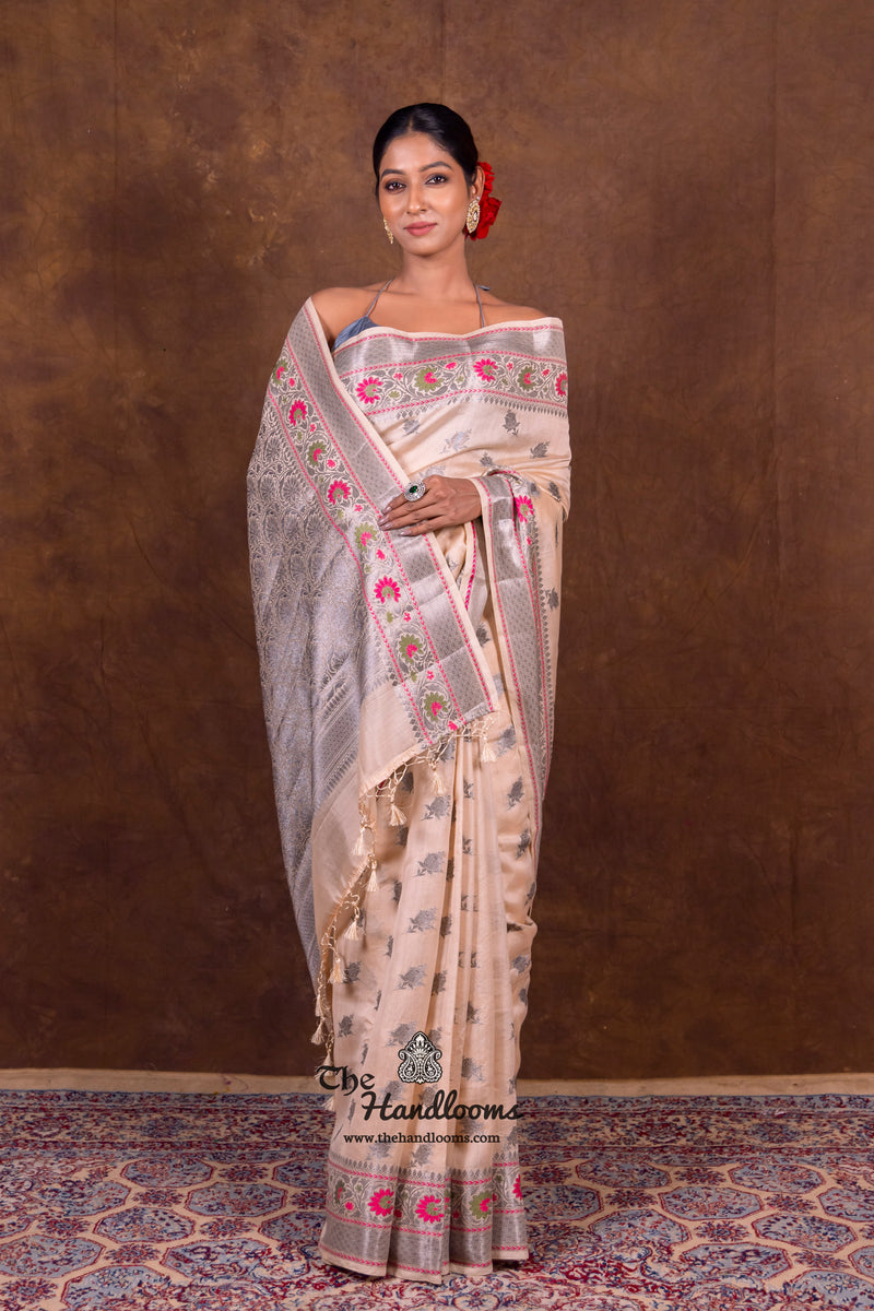 Off-white Pure Chanderi Handloom Banarasi Saree - The Handlooms