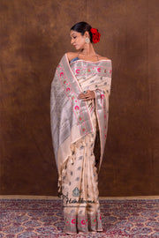 Off-white Pure Chanderi Handloom Banarasi Saree - The Handlooms