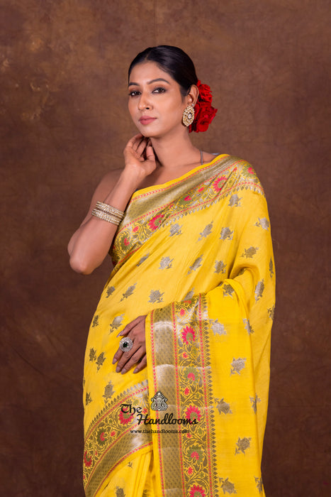 Yellow Pure Chanderi Handloom Banarasi Saree