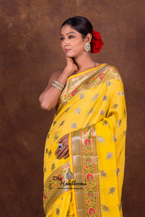 Yellow Pure Chanderi Handloom Banarasi Saree