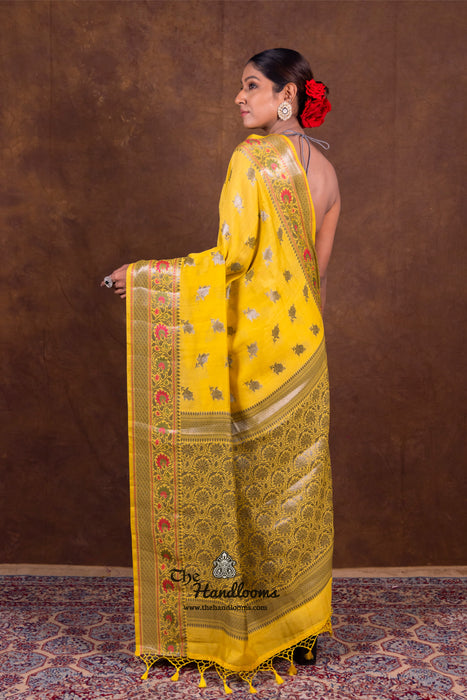 Yellow Pure Chanderi Handloom Banarasi Saree