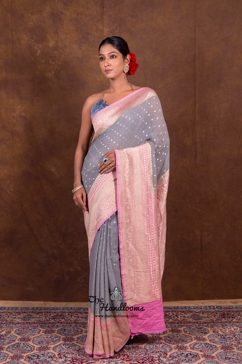 Grey Pure Khaddi Georgette Handloom Banarasi Saree - The Handlooms