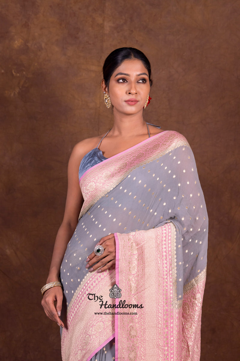 Grey Pure Khaddi Georgette Handloom Banarasi Saree - The Handlooms