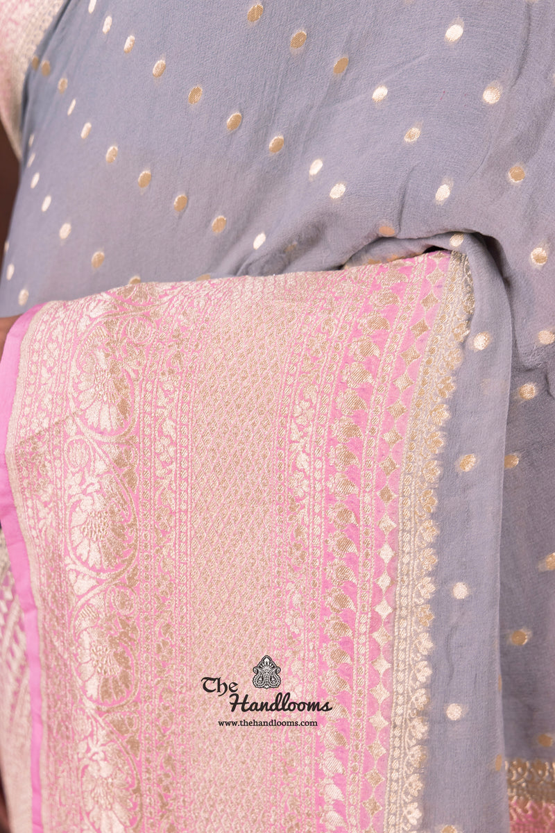 Grey Pure Khaddi Georgette Handloom Banarasi Saree - The Handlooms