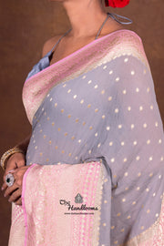 Grey Pure Khaddi Georgette Handloom Banarasi Saree - The Handlooms