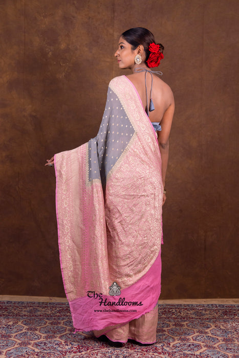 Grey Pure Khaddi Georgette Handloom Banarasi Saree