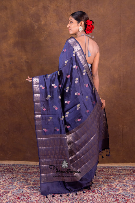 Navy Blue Pure Mango Silk Banarasi Handloom Saree