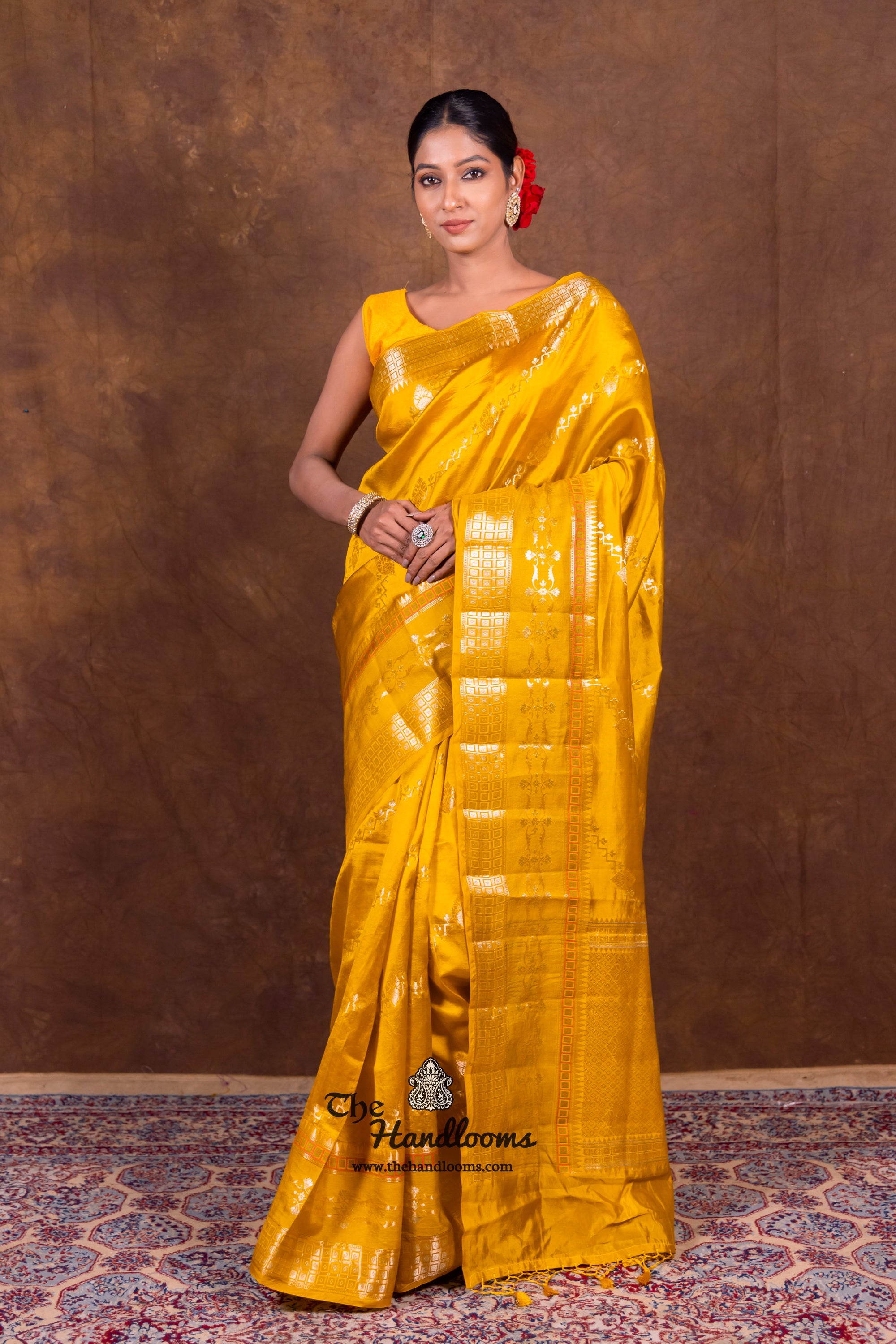 Mustard Yellow Pure Mango Silk Banarasi Handloom Saree - The Handlooms