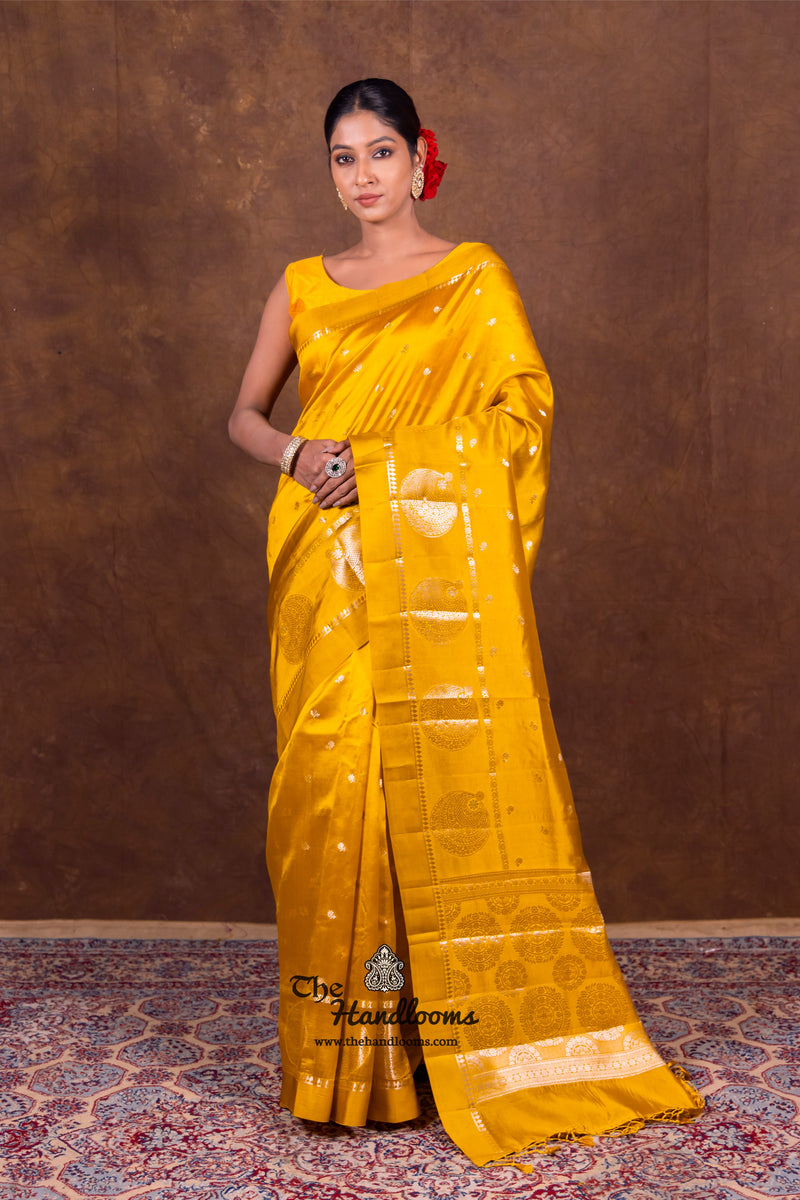 Mustard Yellow Pure Mango Silk Banarasi Handloom Saree - The Handlooms