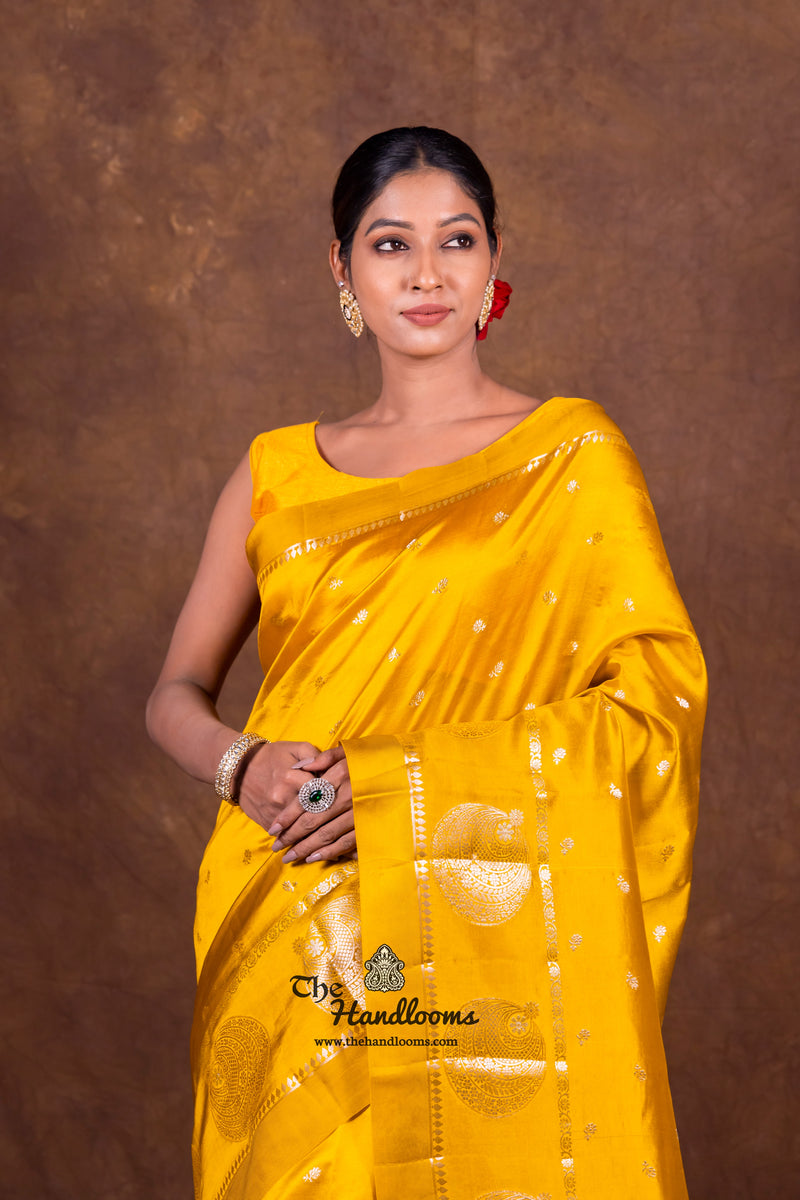 Mustard Yellow Pure Mango Silk Banarasi Handloom Saree - The Handlooms