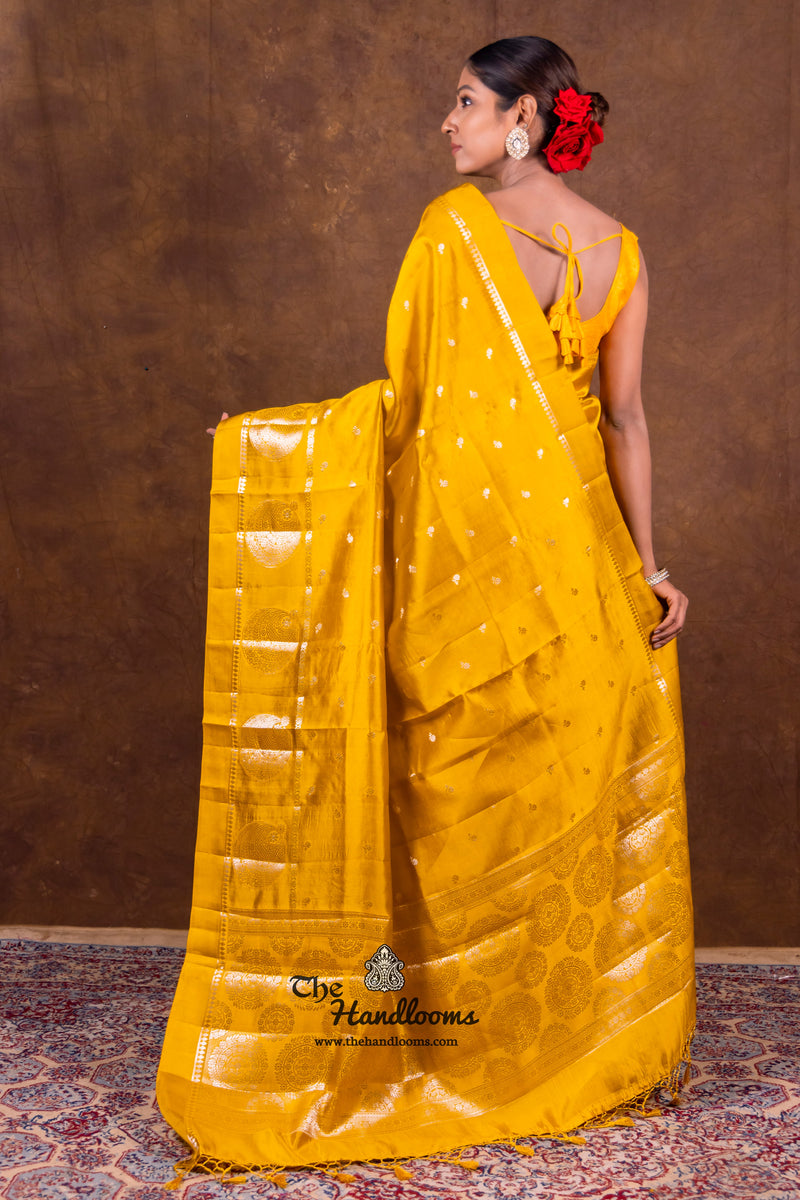 Mustard Yellow Pure Mango Silk Banarasi Handloom Saree - The Handlooms