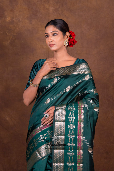 Dark Green Pure Mango Silk Banarasi Handloom Saree