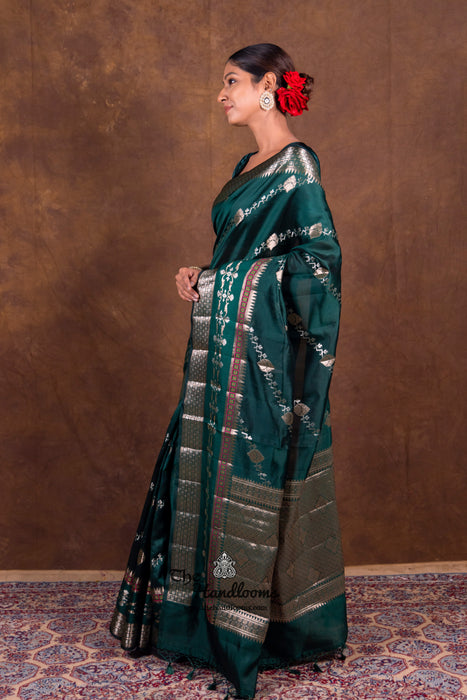 Dark Green Pure Mango Silk Banarasi Handloom Saree